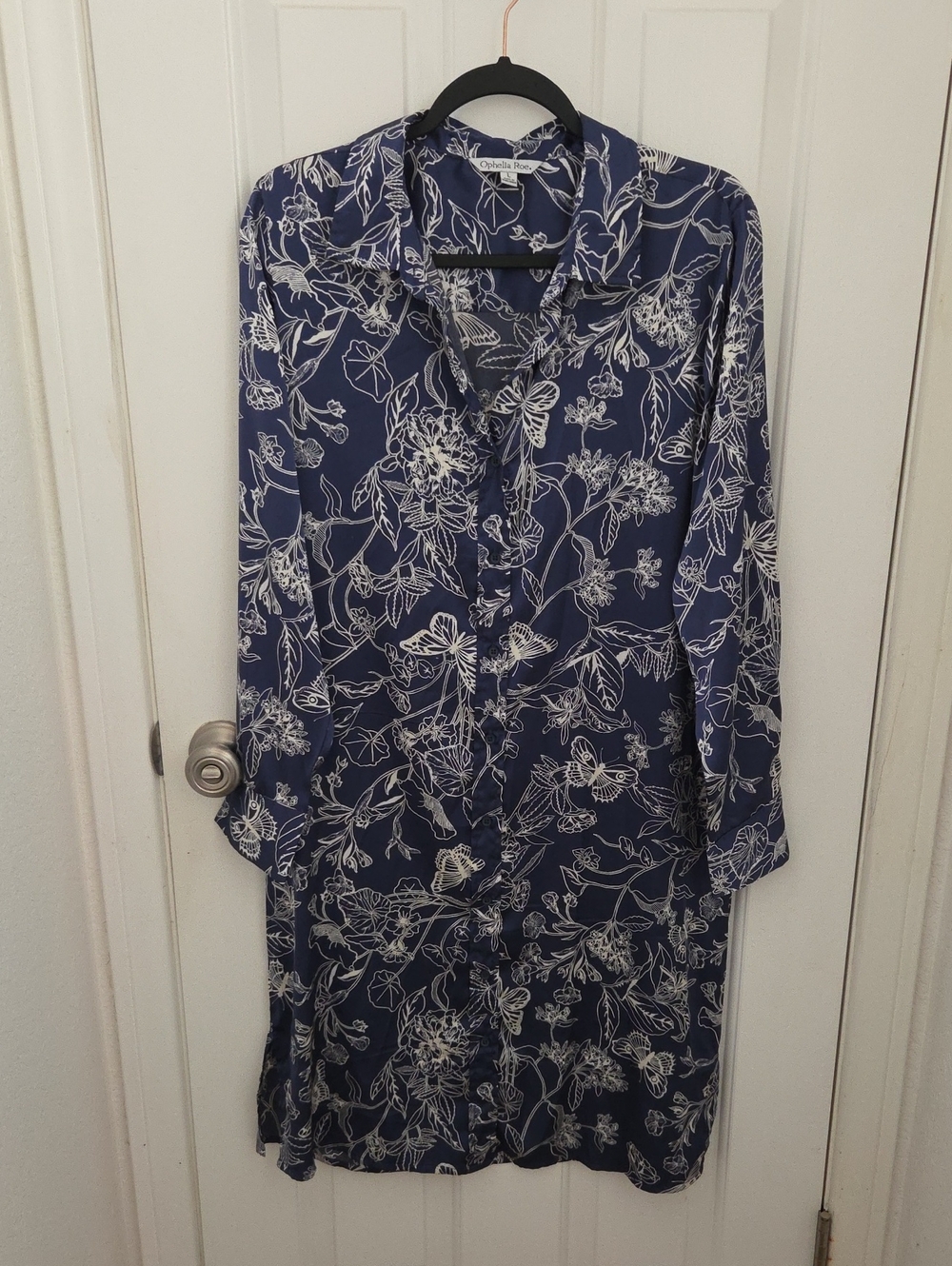 Navy Blue Long-Sleeve Floral Button-Front Dress